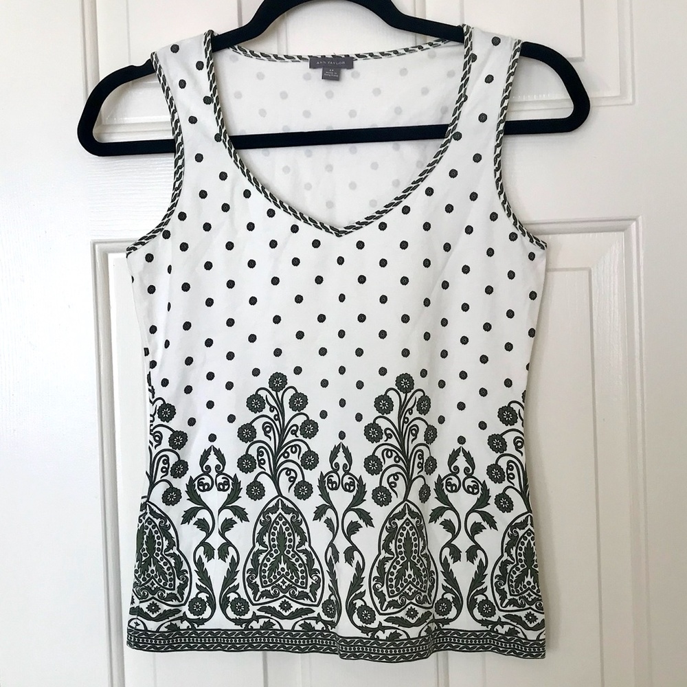 Ann Taylor White Green Pattern Shirt Petite Small